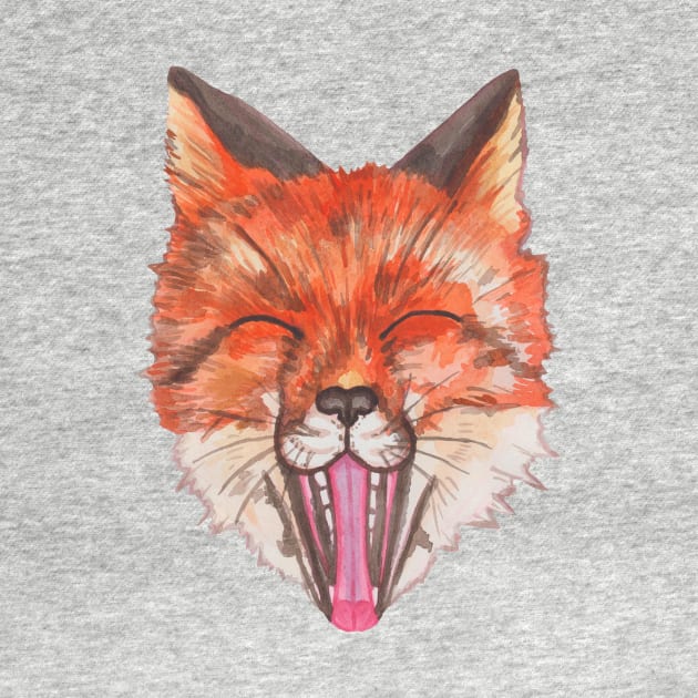 Beautiful orange watercolor fox with open mouth by deadblackpony